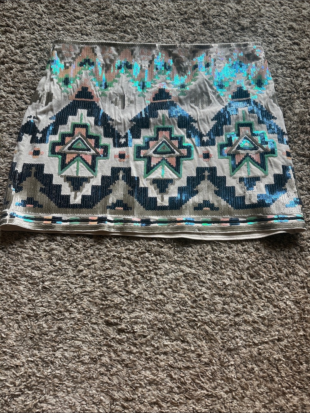 Express  Ceeam Mini Skirt with Blue, Green & Pink Sequin Aztec Pattern